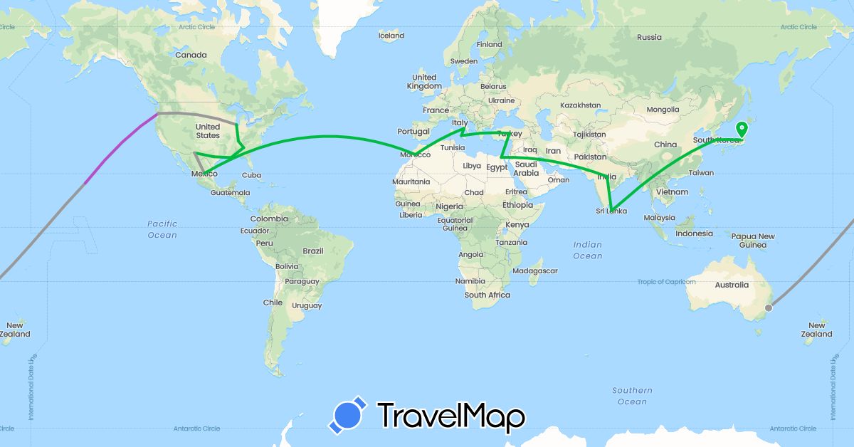 TravelMap itinerary: driving, bus, plane, train in Australia, Egypt, Greece, India, Italy, Japan, South Korea, Sri Lanka, Morocco, Mexico, Turkey, United States (Africa, Asia, Europe, North America, Oceania)