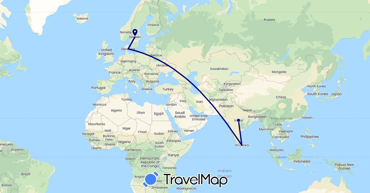 TravelMap itinerary: driving in Denmark, India, Sri Lanka, Sweden (Asia, Europe)